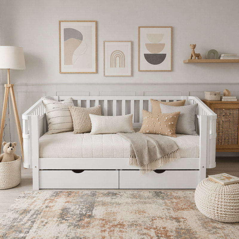 Lit plateforme simple à profil bas pour enfants avec tiroirs de rangement et rails de sécurité, Lit simple, Blanc