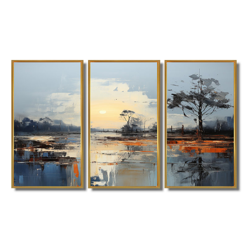 «Blue Sunset In The Silent Meadow», ensemble d'art mural abstrait, Cadre flottant doré, H 28 po x l 36 po x P 1 po