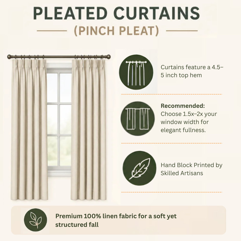 Bohemian Pure Linen Block Print Curtain, Handmade Floral , Soft Green and Blue Pinch Pleated Drapes 100% Blackout, Home Decor or Kitchen, Ethnic Lehariya