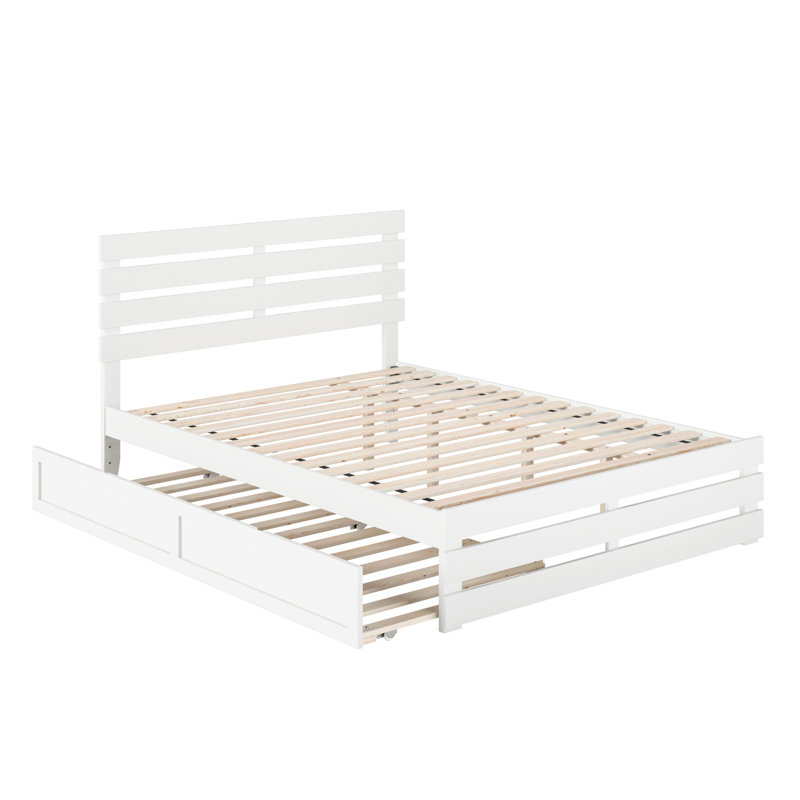 Jaqson Premium Wood Farmhouse Platform Bed with Matching Footboard & Roll Out Trundle, White, Queen
