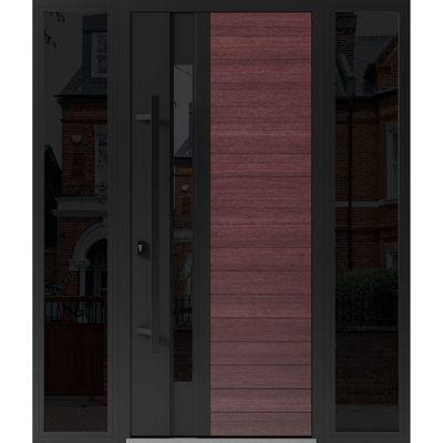 Front Exterior Prehung Steel Door Ronex 0162 Red Oak 2 Side Exterior Windows Sidelites/ Entry Metal Modern Painted W16+36+16 x H80 Right hand Inswing