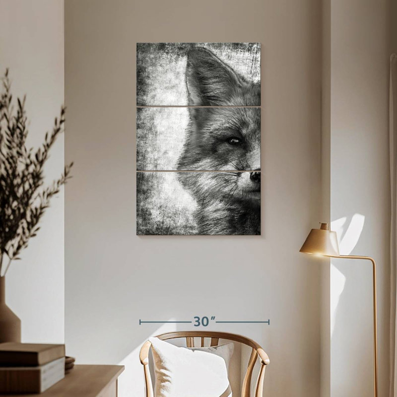 Visage de renard noir et blanc 3 pièces, H 57 po x l 36 po x P 1,25 po
