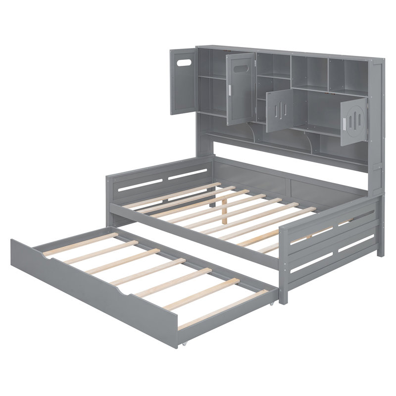 Lit de jour en bois avec lit gigogne simple, armoire et tablette tout-en-un, Complet/Double, Gris