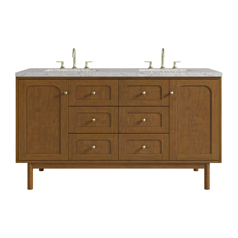 Meuble-lavabo double 60 po Laurent, Perle jasmin éternelle, Centres de 8 po, Chêne miel