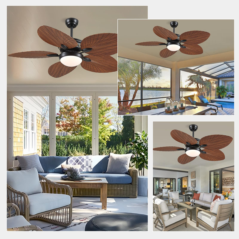 44/52" Palm Tropical 5 Blade Ceiling Fan, 52" Wide, Light Brown