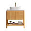 Meuble-lavabo de salle de bain, meuble de rangement autoportant en contreplaqué avec 2 portes en bambou texturé et tablette ouverte, lavabo en céramique à motif marbré et plateau en pierre frittée de Carrare