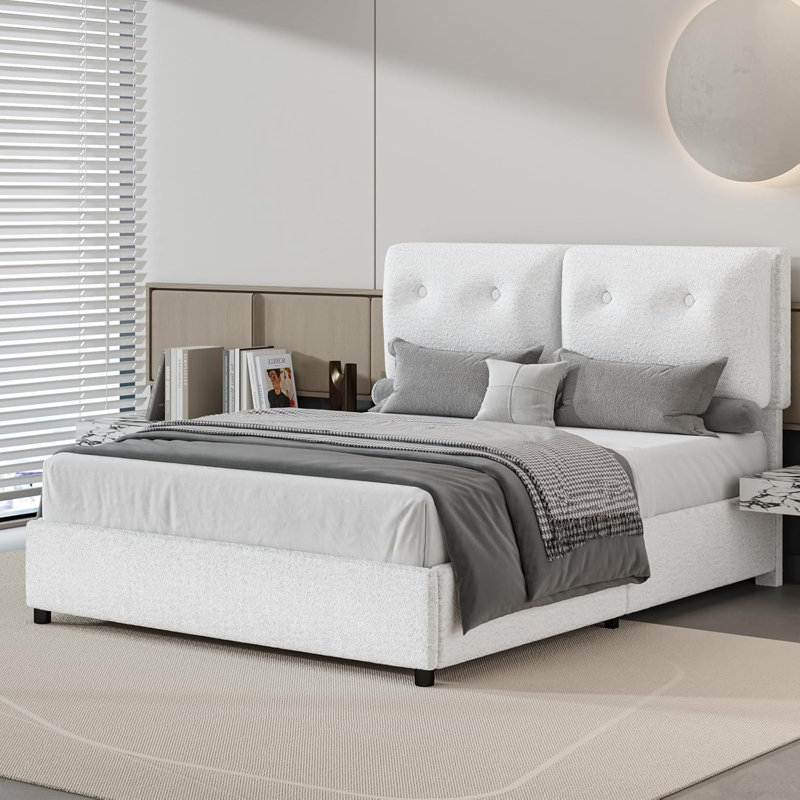 Bed Frames with Headboard, Boucle Bed Frame with Upholstered Headboard, Removable Upholstery, Wooden Slats Support, No Box Spring Needed