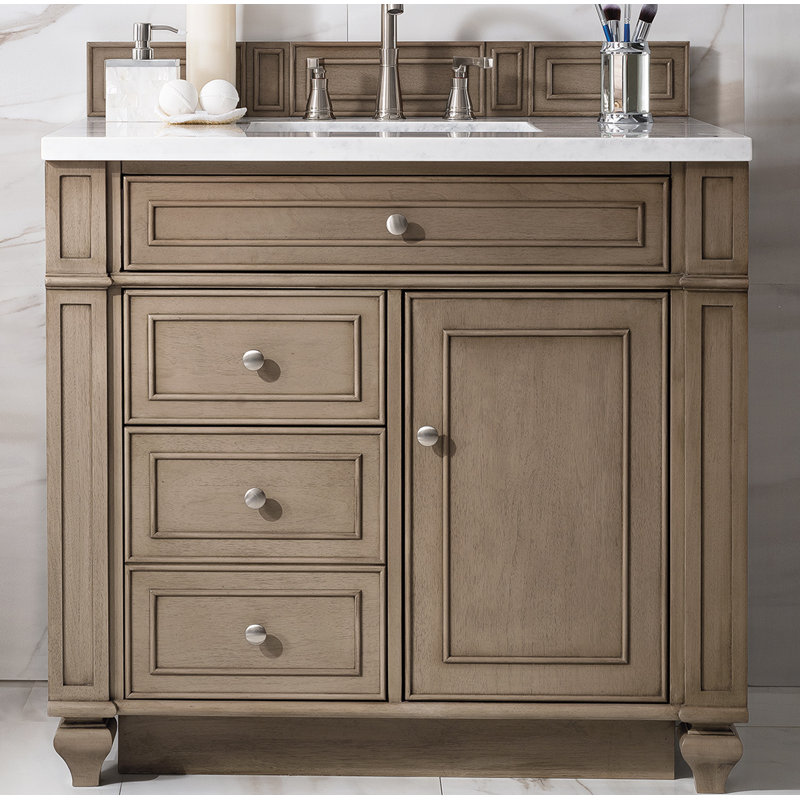 Bristol 36'' W Single Vanity, Whitewashed Walnut, White Zeus, 8" Widespread