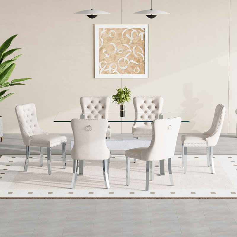 Ensemble de table de salle à manger moderne avec plateau en verre et chaises rembourrées, 7 pièces : table, 6 chaises