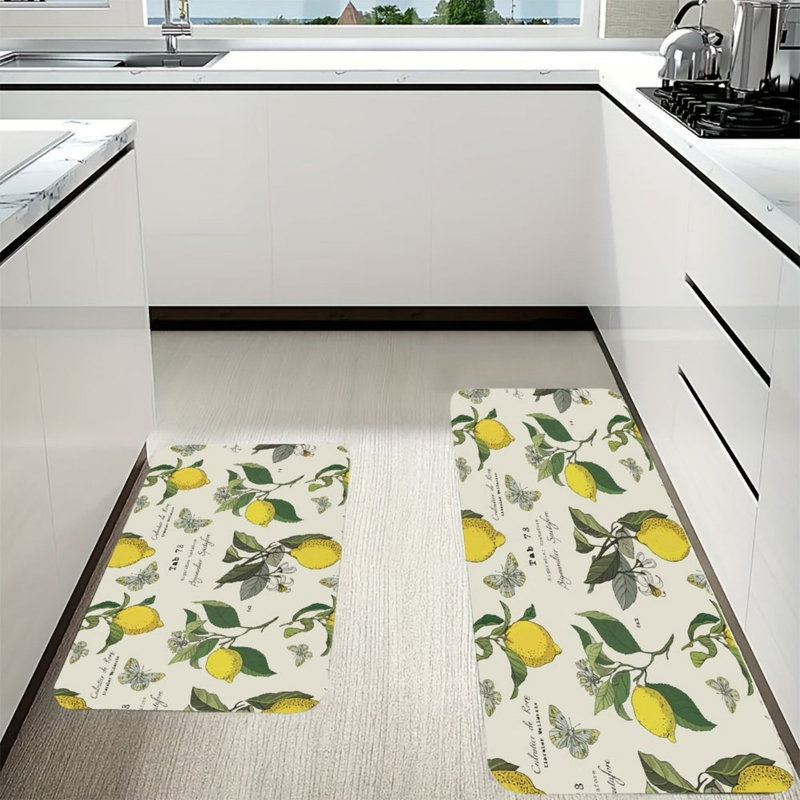 Cream Vintage Botanical Lemon Kitchen Mats,2 Pack,Retro Decor For Kitchen & Laundry Room