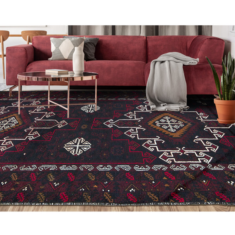 Hand-Knotted High-Quality Black and Red Area Rug