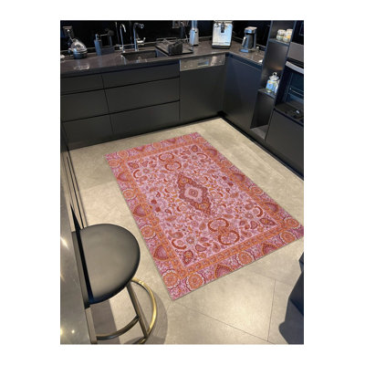 Tapis décoratif floral lavable à motif géométrique moderne rose