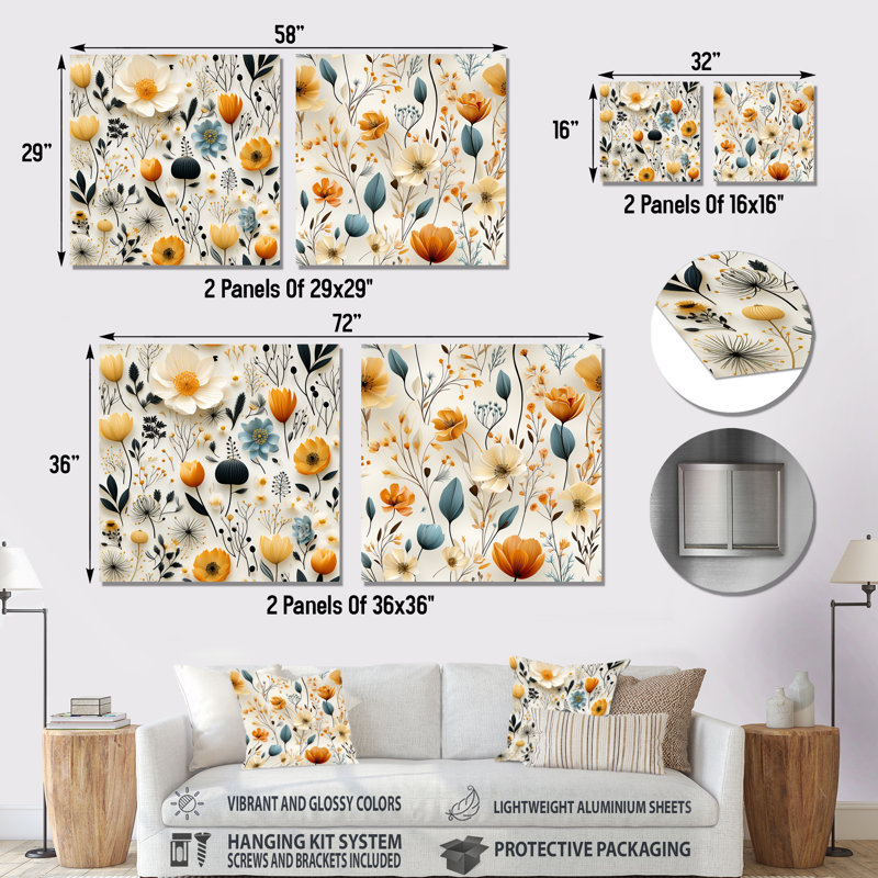 Cecilia - Ensemble de 2 carrés à motif floral en métal, H 36 po x l 72 po