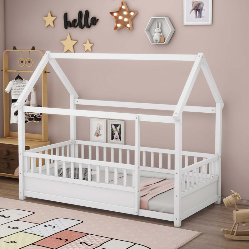 Floor Wooden Bed With House Roof Frame
