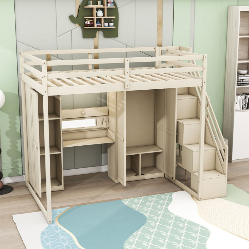 Full Wood Loft Bed With LED Light, Dressing Table, Wardrobe And Charging Ports, Beige