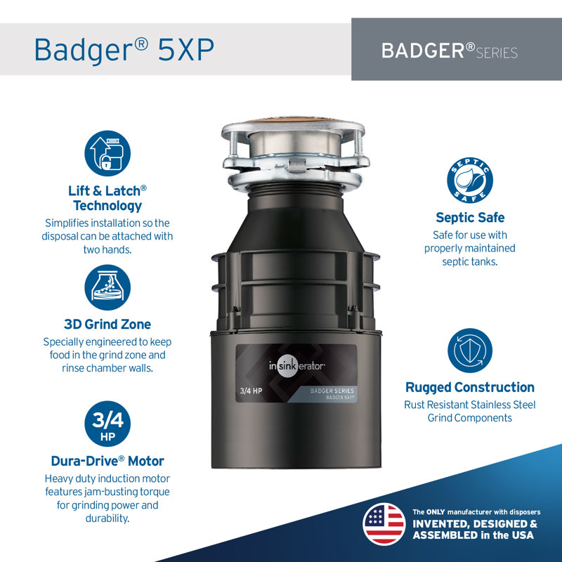 Badger 5XP 3/4 HP Continuous Feed Garbage Disposal, Power Cord Not Included