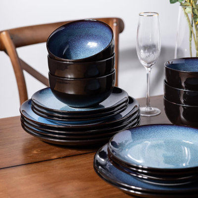 Ceramic tableware set for 6 people, handmade reaction glazed plate set, anti peeling and scratch oven, dishwasher and microwave safe box - blue (18 pieces)