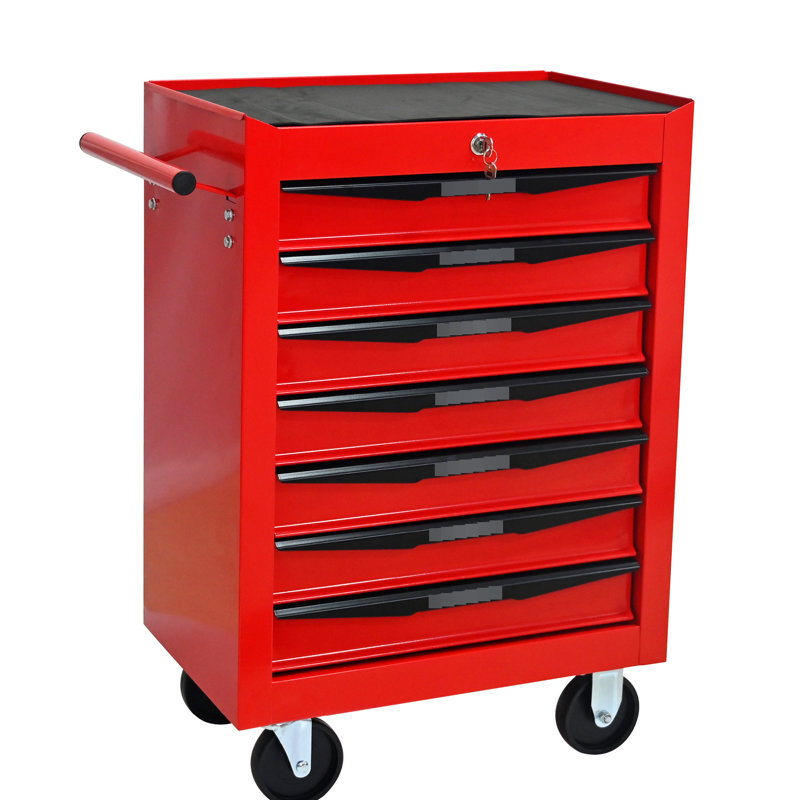 Armoire à outils à 7 tiroirs rouge et noire de 20 po, organisateur en acier avec glissières à roulement, 4 roulettes universelles pour une mobilité sans effort, mécanisme de verrouillage des clés Rouge et noir, coffre, fabrication