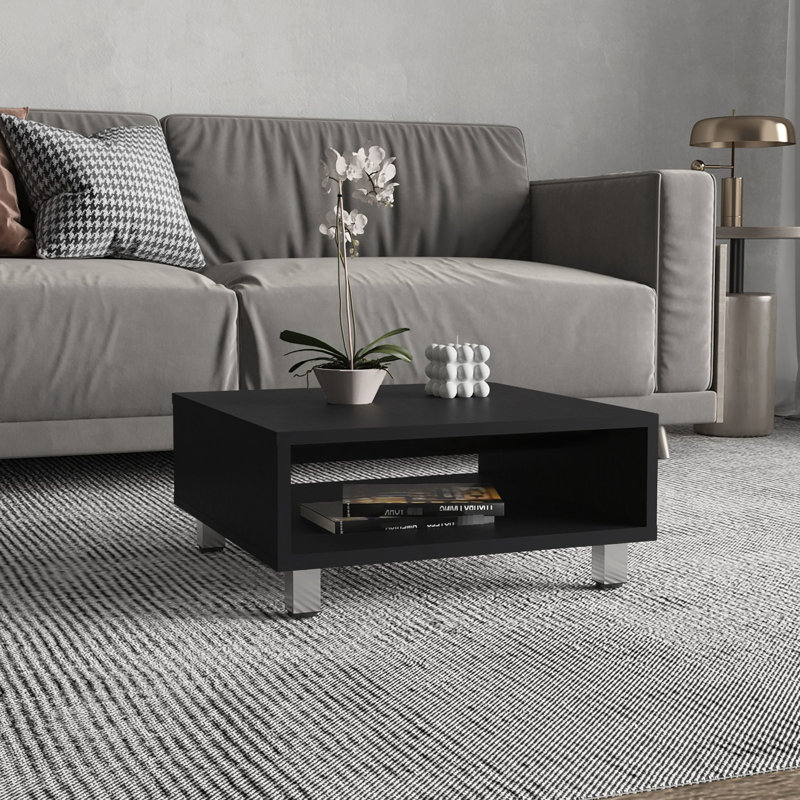 Table basse carrée avec rangement ouvert, tablette polyvalente noire pour tout espace, Noir