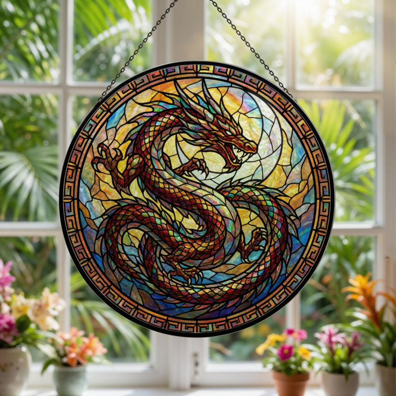 12"H Dragon Pattern Stained Glass Window Panel, 12" H x 12" W