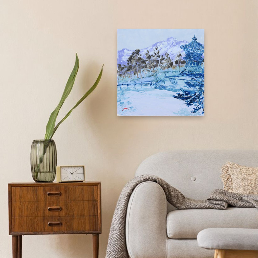 Tranquil Blue Winter Pagoda Peaceful Serene Traditional Architecture Landscape Wall Art Print