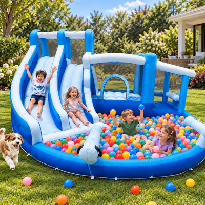 13.8 FT Inflatable Bounce House with Dual Water Slides, Splash Pool, Ball Pit and Blower Included, Blue