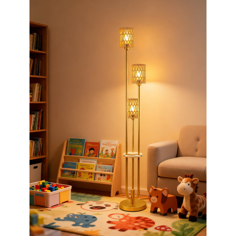 Dimmable Floor Lamp With Shelf, 63-Inch Mid-Century Modern Standing Lamp With 3 Rattan Shades, 3000K Warm White G9 Bulbs Included, Candle Holder Design For Living Room And Bedroom