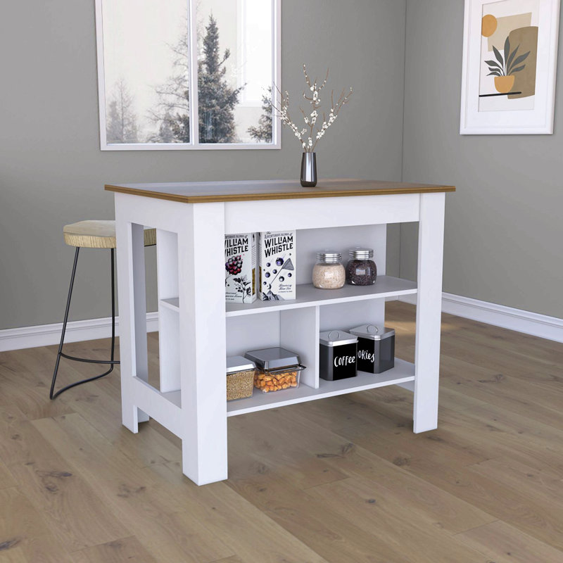 Îlot de cuisine, table de cuisine H 35 po, quatre pieds, trois tablettes de rangement ouvertes, blanc / noyer