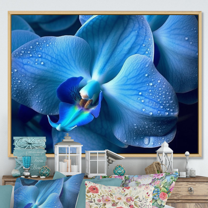 Blue Exotic Orchids Elegance - Floral Wall Art, 30" H x 40" W x 1.5" D, Natural Floater Framed