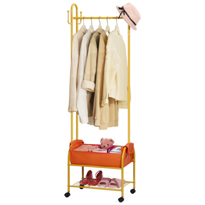 Portant à vêtements roulant avec panier en tissu et étagère à chaussures, 178 cm de hauteur, en métal doré avec crochets, organisateur de vêtements mobile pour chambre, entrée, salle de bain