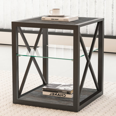 Set Of 2 Industrial Style End Tables For Bedroom & Living Room, Modern Nightstands With Tempered Glass & Rustic Wood Grain MDF | Gift Idea
