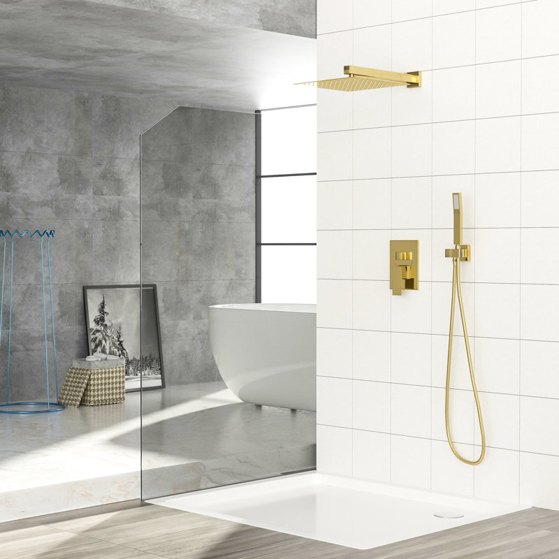Douche murale avec deux têtes doubles de 12 pouces - Carrée, tête carrée, finition, Doré
