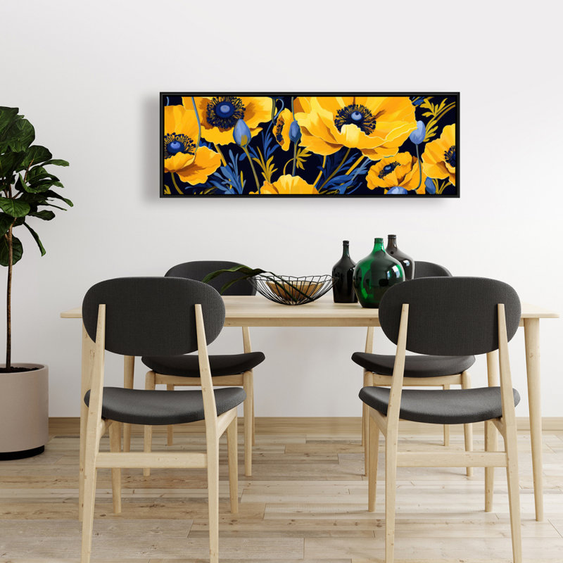 Toile botanique bleue minimaliste - jaune et bleu, H 17,25 po x l 49,25 po