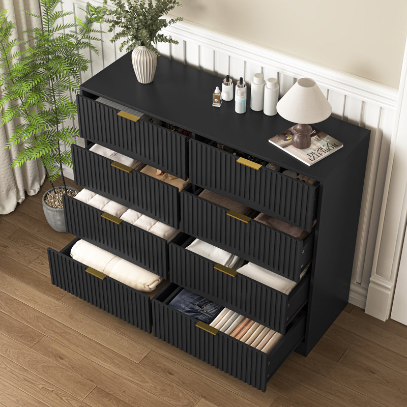 Commode cannelée 47 tiroirs 47 po avec poignée dorée, Noir