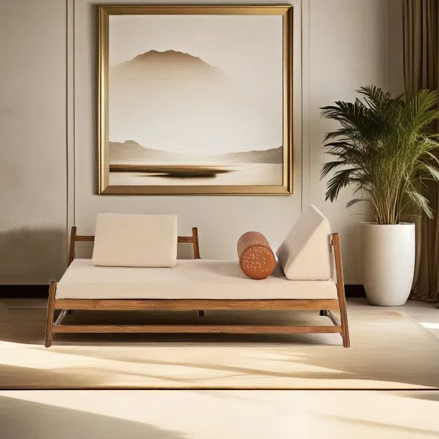 Chaise longue paresseuse simple en bois massif et élégante, Orienté à droite, Beige