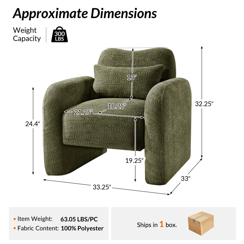 Fidele 33"W Modern Upholstered Armchair with Lumbar Support Pillow, Green