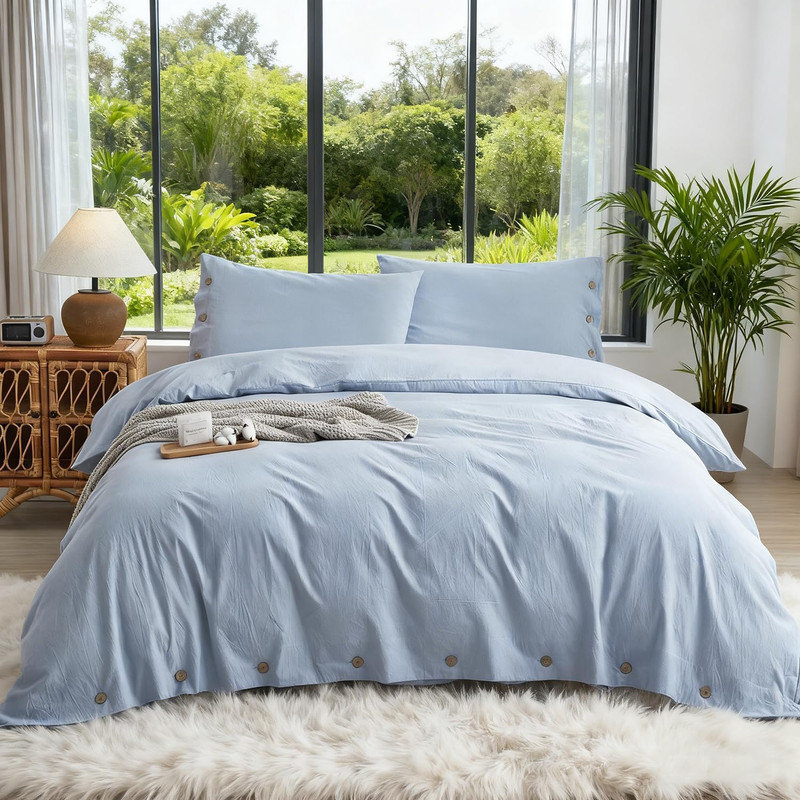 Ensemble de housse de couette 100% coton délavé avec fermeture à boutons 3 pièces DONEUS, Bleu bleuet
