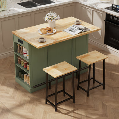 Îlot de cuisine avec armoire de rangement et armoire à ordures, ensemble de table de salle à manger 3 pièces avec 2 tabourets et abattant