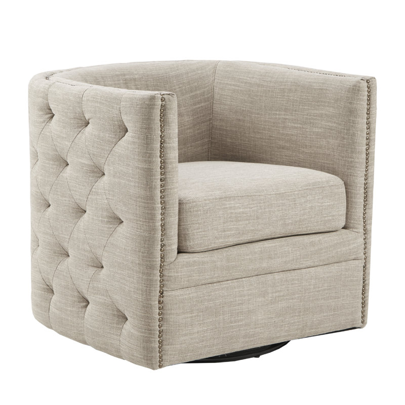 Arazia 360-Degree Swivel Barrel Chair with Tufting and Nail Heads, Lavaca Taupe Multi Polyester Blend