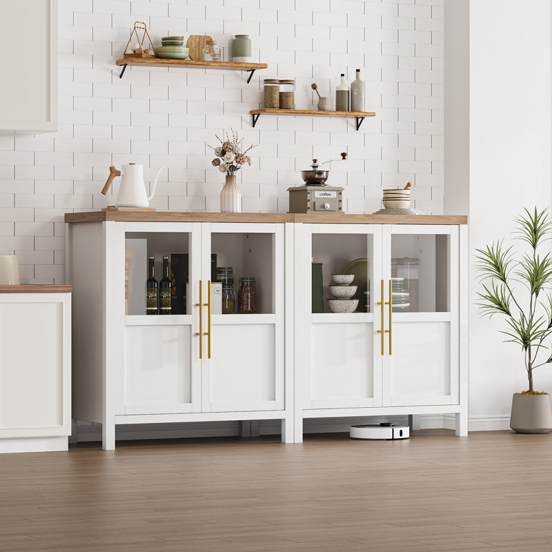 29-Inch Sideboard  Cabinet in White - Coffee Bar Display Cabinet with 2 Glass Doors for Kitchen. Dining Room or Living Room