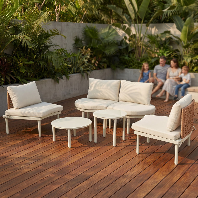 Ensemble de canapé de patio 6 pièces, modulaire d'extérieur demi-lune avec 2 tables basses, beige, Beige
