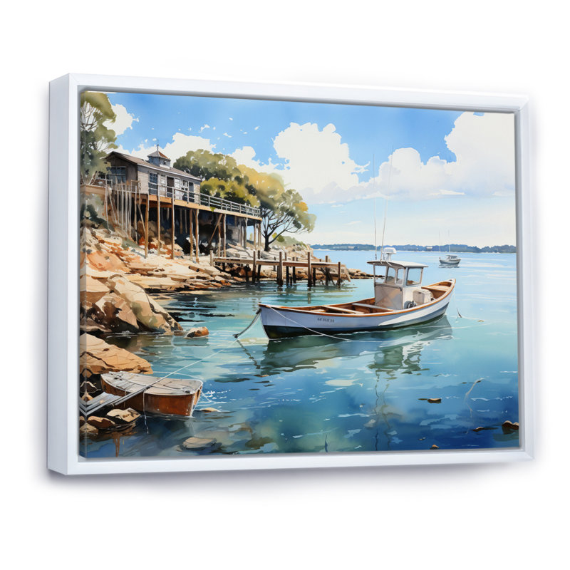 «Port Harbor Reflections» sur impression sur toile, H 16 po x l 32 po x P 1 po, Cadre flottant blanc