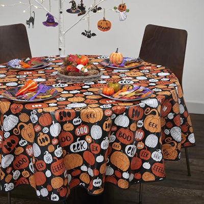 PVC Tablecloth Halloween Design 70in Round - Pumpkin Party