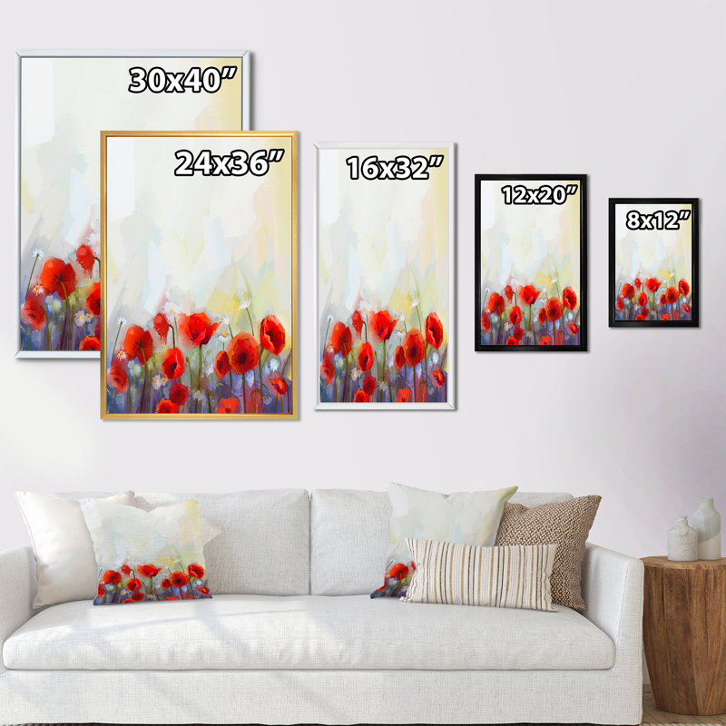 Abstrait coquelicot rouge - peinture, H 32 po x l 16 po x P 1 po, Cadre naturel flottant