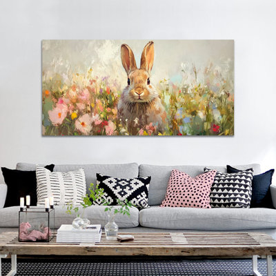  Printemps, impression de lapin de Pâques au printemps, décoration murale de lapin de Pâques au printemps, décoration murale de fleurs de lapin et de printemps, impressions de Pâques pour le salon, la chambre à coucher, la chambre d'enfant, la chambre de bébé prête à être suspendue 24 po x 48 po