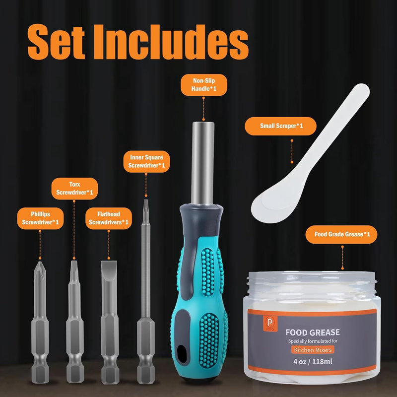 Ensemble de graisse PQPO compatible avec le robot pâtissier KitchenAid, comprenant 113 g de graisse alimentaire, un tournevis 4 en 1 et une petite spatule.