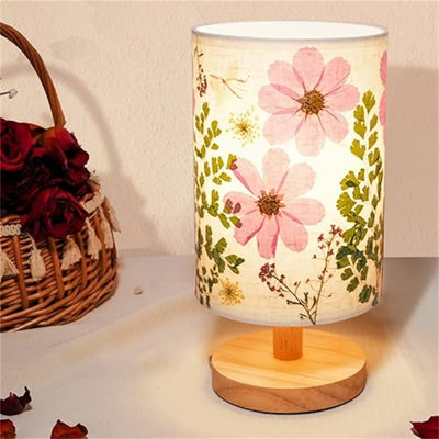 Lampe de table fleurs séchées 5W DEL 3 couleurs avec lampe de chevet à abat-jour en lin avec base en bois pour chambre à coucher salon bureau bureau