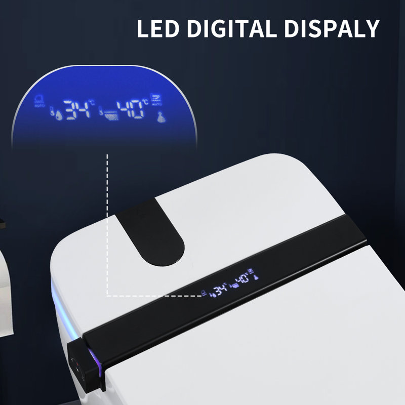 Smart Toilet With Built - In Bidet Seat, Auto Open/Close Foot Sensor, Led Display, Night , Warm Water & Dryer, Revolving Lamp, Side Knob Controls White Modern Ceramic Bathroom Toilet, 26.61 Depth,