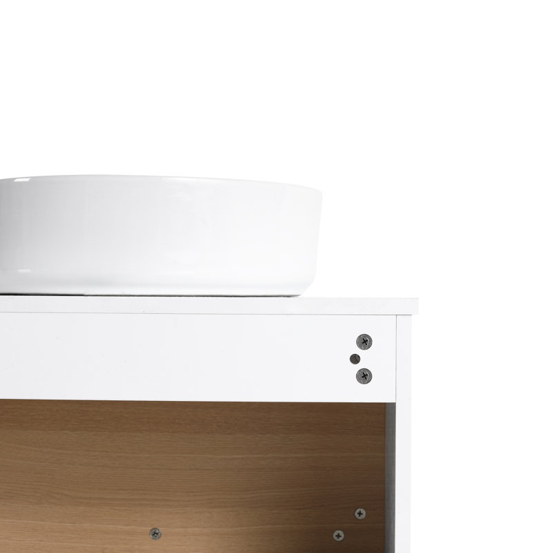 Meuble-lavabo flottant 24 po avec lavabo vasque rond blanc brillant, meuble-lavabo mural avec tablette ouverte, finition blanche avec comptoir durable, conception moderne peu encombrante