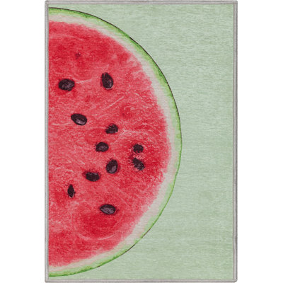Kehr Half Watermelon Novelty Red Lime Printed Distressed Machine Washable Area Rug